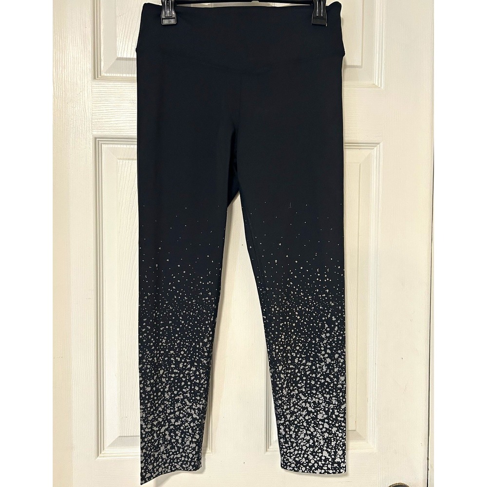 PINK Active High Rise Ankle Leggings Black Speckled Stretch Elastic Waist L